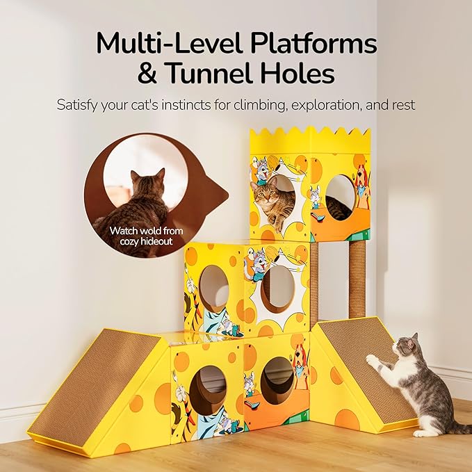 PalNests DIY Cat Tree, Multi-Level Cat Tower with Scratching Posts, Scratching Board, Tunnel & Playhouse for Kittens & Multiple Cats, Recyclable Cardboard, 48.8"×25"×40.2", Yellow Mouse