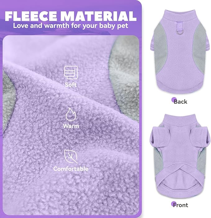 Small Fleece Dog Sweater with Leash Ring Soft Warm Fall Winter Dog Clothes Cute Cat Apparel Puppy Sweaters Classic Pullover Doggy Sweatshirts Chihuahua Costumes Cat Outfits(Purple,XS)
