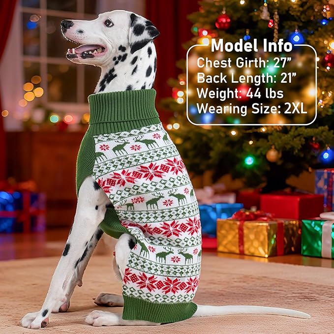 KYEESE Dog Christmas Sweater, Cozy Turtleneck Dog Sweater for Small Dogs Boy Girl with Snowflake Reindeer Pattern, Winter Doggie Knitwear with Leash Hole, Soft Warm Pet Clothes, Medium