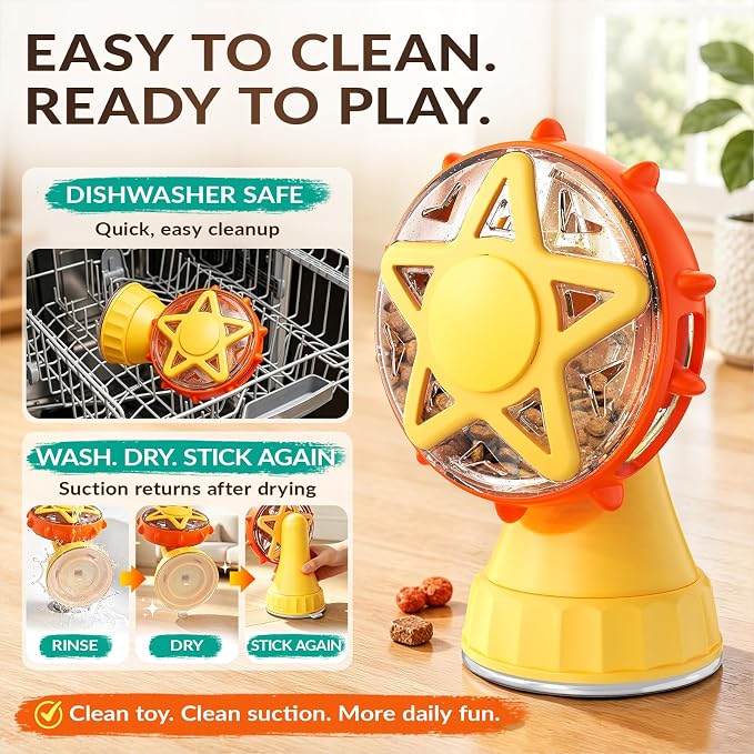 2 in 1 Ferris Wheel Interactive Cat Toy, Treat Dispenser Puzzle Feeder with Twist-Lock Suction Cup Base & Teaser Wand with Bells, Slow Feeder Enrichment Toy for Indoor Cat Boredom Relief