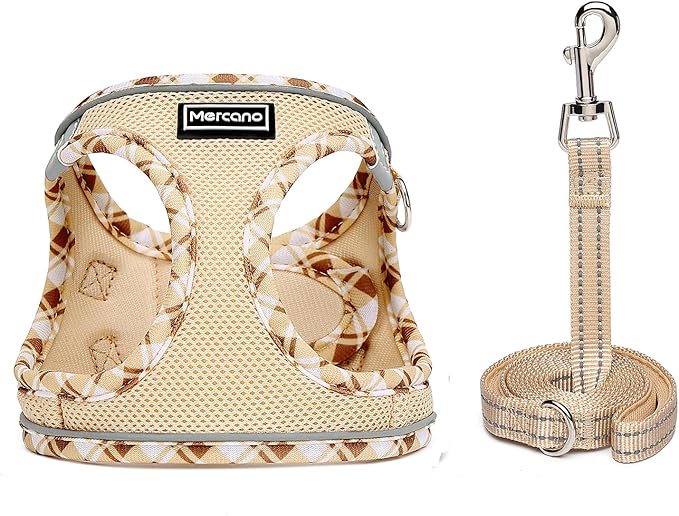 Mercano Soft Mesh Dog Harness and Leash Set, No-Chock Step-in Reflective Breathable Lightweight Easy Walk Vest Harnesses with Safety Buckle for Small Dogs, Cats (Beige, L)