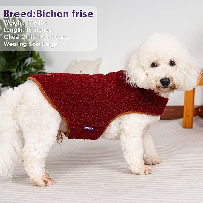 cyeollo Warm Dog Coat Fleece Sherpa Reversible Winter Sweater Coats, Turtleneck Cold Weather Dog Jacket Vest for Small Dogs with Leash Hole, Burgundy, S