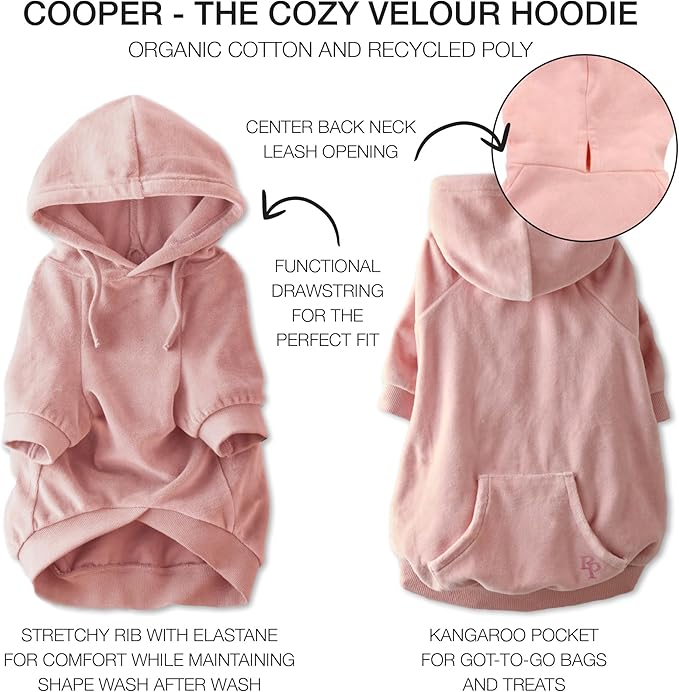 Cooper II Organic Cotton Velour Dog Hoodie Pet Coat for Small, Medium and Large Dogs, Pink, XX-Large (70-110 lbs)