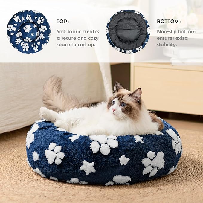 Yaning Donut Dog Beds for Small Dogs, Calming Round Cat Beds for Indoor Cats, Cute 3D Textured Paw Pet Bed with Removable Washable Cover and Anti-Slip Bottom（Navy Blue，20"）