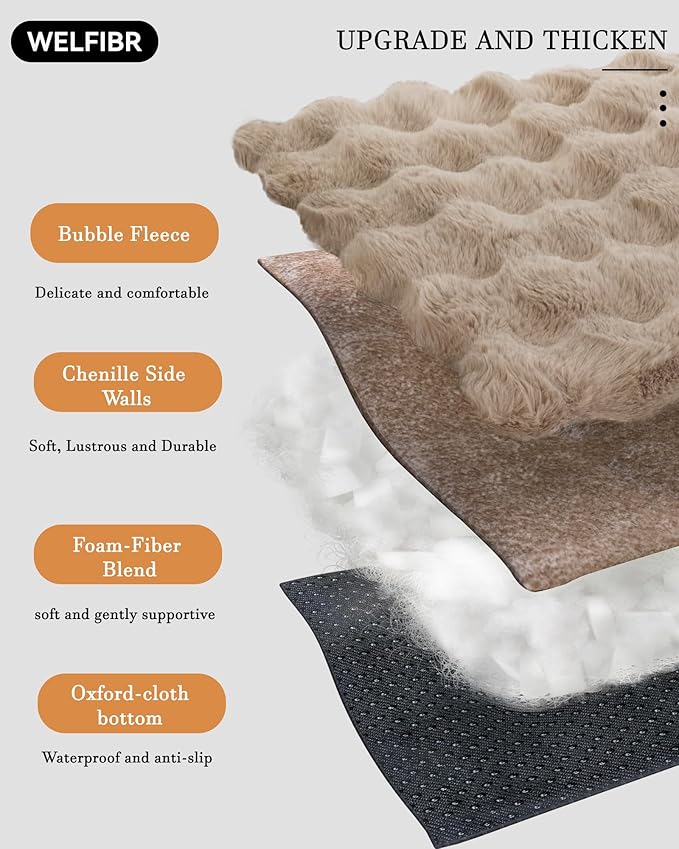 Welfibr Fluffy Faux Fur XL Dog Bed Large Sized Dog Washable Rasied Dog Bed Orthopedic Dog Beds with Sides Noiseless Supportive Dog Couch Anti-Slip Comfort Pet Beds with Removable Cover Brown 48"