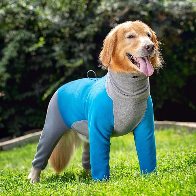 Dog Winter Coat for Large Medium Small Dogs, Warm Fleece High Collar Full Body Dog Jumpsuit Comfortable Onesie Apparel (Blue, 4X-Large)