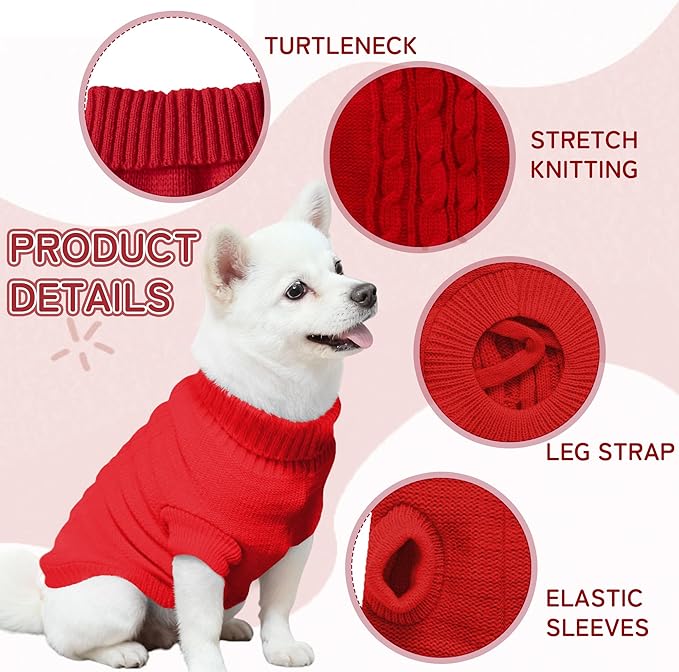 Knitted Dog Sweater for Mini/Small Dogs, Pullover Turtleneck Pet Sweaters, Winter Dog Clothes, Warm Soft Winter Holiday Cat Sweater, Red, XXS