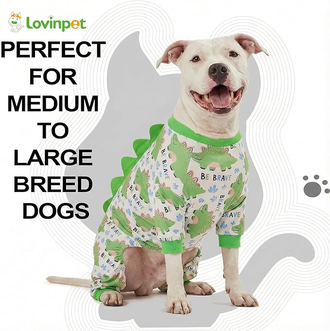 LovinPet Large Dog Pajamas, Four-Leg Stretch Onesie Bodysuit, Lightweight UV-Shielding Pajamas, Anti-Lick Calming Recovery Suit for Surgery, Pull-On for Medium and Large Breeds,White Green,XXL