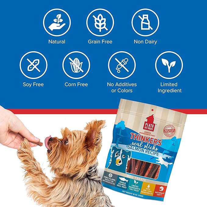 PLATO Pet Treats Thinkers - Meat Stick Treats for Dogs - Limited Ingredient with EPA and DHA to Support Skin, Coat, and Brain - Air-Dried - Thinkers Salmon 10oz - 2 Pack