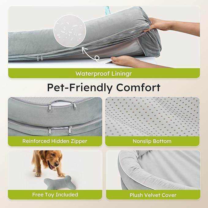 CWAWZ XL Orthopedic Dog Bed, Extra Large Dog Bed, Dog Sofa for Large Sized Dogs with Full-Surround Bolsters, Dual-Sided Dog Cooling Bed with Memory Foam, Washable Sofa with Nonslip Bottom, Light Grey