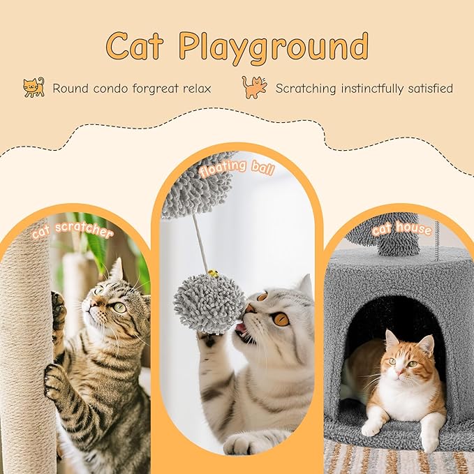 Aidoly 33 Inch Small Cat Tree Tower, Cat Tree with Curved Bed, Cat Tower with Scratching Post and Cozy Condo for Indoor Kittens and Cats, Grey