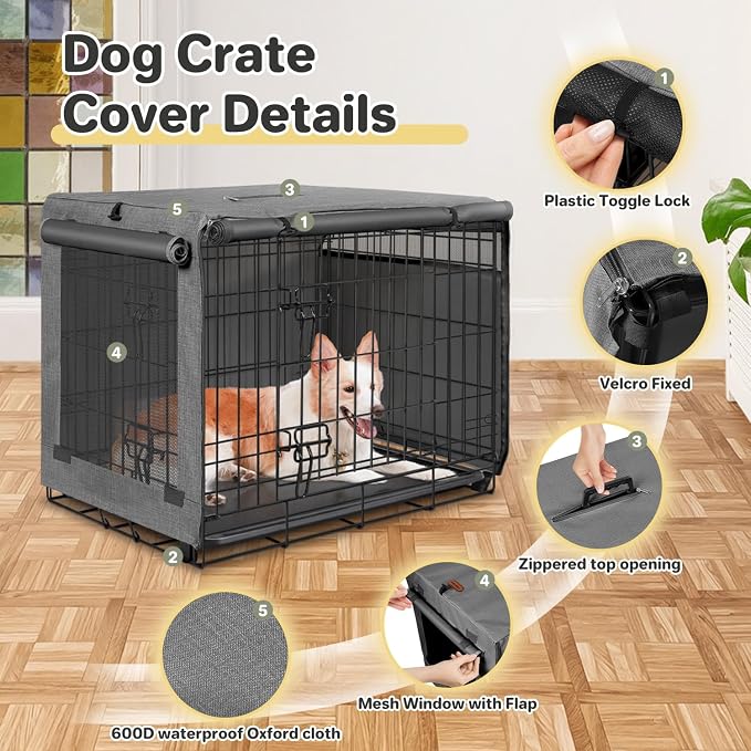 Seiyierr Dog Crate Cover - Kennel Cover Fit for 36 Inch Dog Crate, Double Door Polyester Crate Cover for Wire Dog Crate Indoor Outdoor Protection, Grey