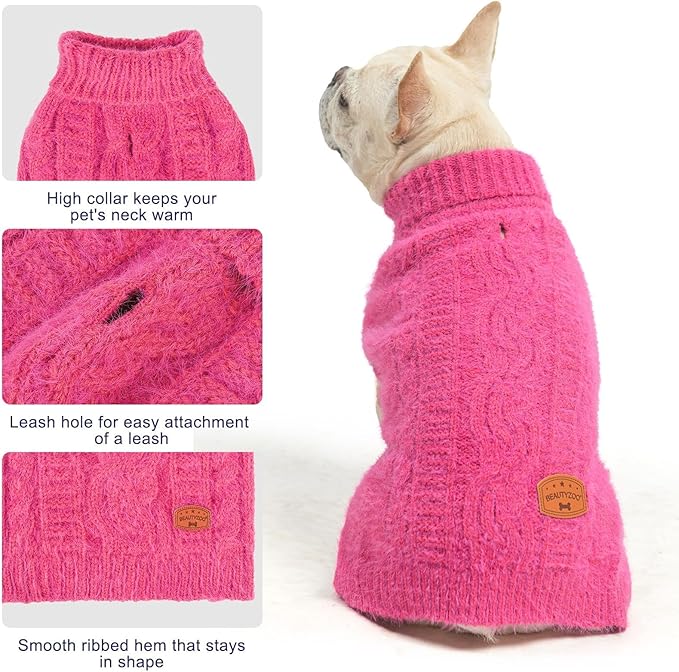 BEAUTYZOO Small Dog Sweater -Turtleneck Knitted Dog Sweaters for Dogs Puppy Girls Boys, Winter Dog Clothes Cable Knitwear with Leash Hole, Dog Christmas Sweater Pullover Sweatshirt for S M Pet Apparel