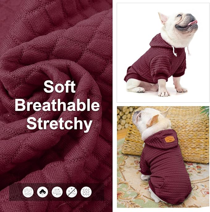 BEAUTYZOO Medium Dog Hoodie Sweater with Pockets, Dog Clothes for Small Medium Dogs Boy Girl, Waffle-Like Laminated Cotton Pet Coats with Hat and Leash Hole, Wine Red XL