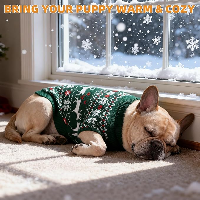 KOOLTAIL Christmas Dog Sweater, Cold Weather Pullover Classic Knitwear, Reindeer Snowflake Pattern Thick Warm Winter Pet Clothes, Cable Knit Sweaters for Small Medium Large Dogs Boy Girl, Green S