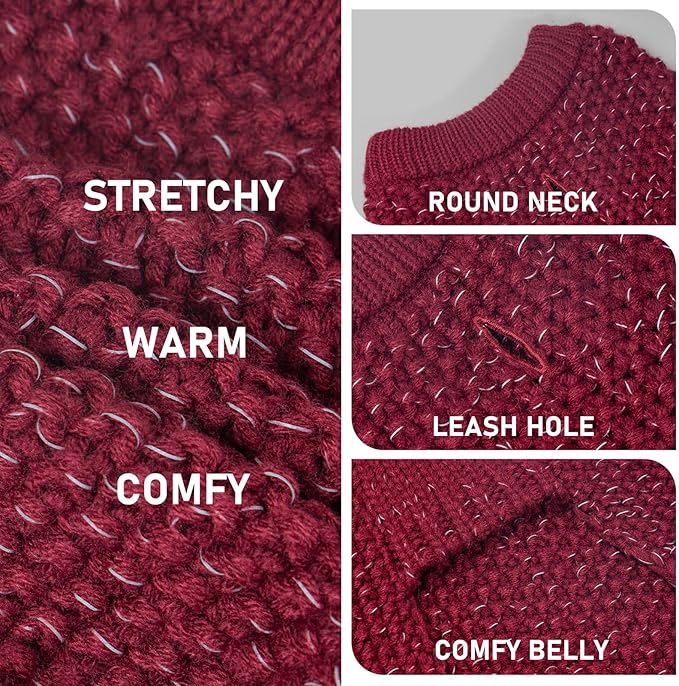 KYEESE Dog Sweater for Large Dogs with Leash Hole Warm Pullover with Reflective Yarn Male Thick Stretchy Knitwear Winter Soft Pet Coat boy for Cold Weather Comfy Dog Sweaters, Dark Red, XX-Large