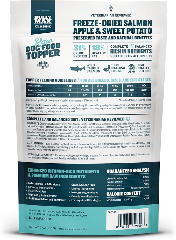 Bully Max Freeze-Dried Raw Dog Food Toppers for Puppies & Adult Dogs - Salmon with Real Fruits & Veggies - Meal Enhancers with Vitamins & Minerals - Feed as Puppy Treat or Dog Meal