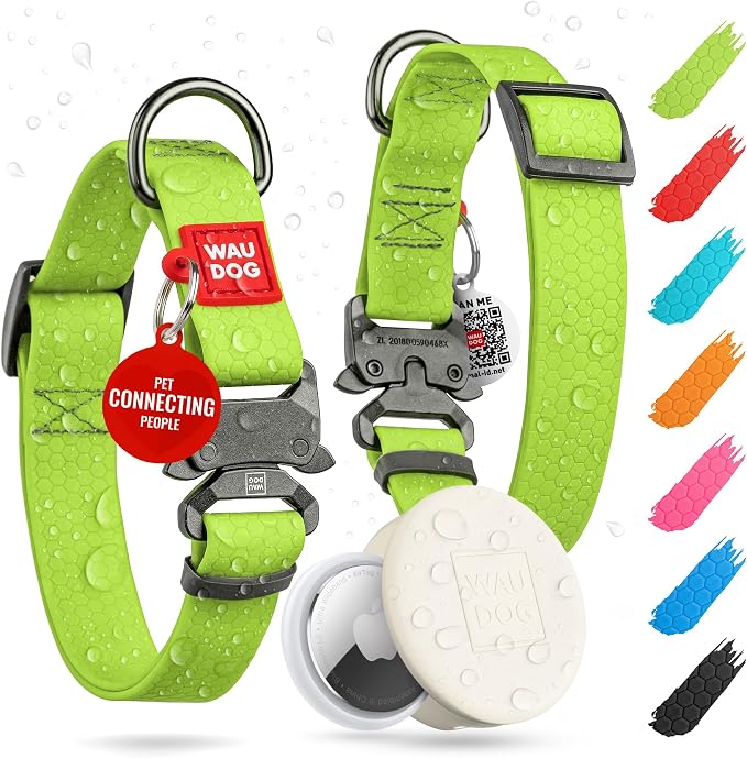 WAUDOG Waterproof Dog Collar Airtag Holder QR Tag Small Medium Large Dogs | Water and Dirt Resistant, Quick Dry QR Pet Tag Adjustable Durable Comfort for Male and Female Dogs Outdoor Walking Training
