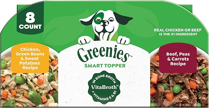 Greenies Smart Topper High Protein Wet Mix-in for Dogs, Chicken, Green Beans, and Sweet Potatoes Recipe & Beef, Peas, and Carrots Recipe Variety Pack, 8 Trays of 2oz.