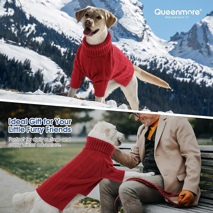 Queenmore Large Dog Sweater - Turtleneck Pullover for Large Dogs, Xmas & Thanksgiving - Knitted Dog Sweater for French Bulldog (Red, L)