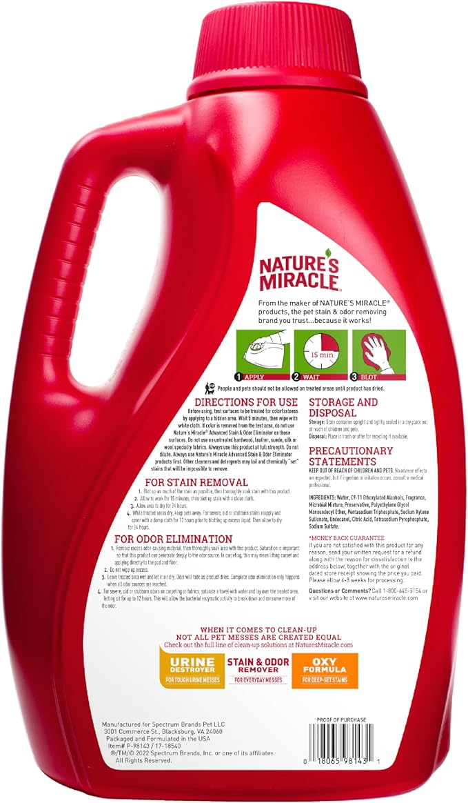 Nature’s Miracle Advanced Stain And Odor Eliminator for Dogs, Fresh Scent, Severe Mess Enzymatic Formula For Tough Pet Messes, 1 Gallon