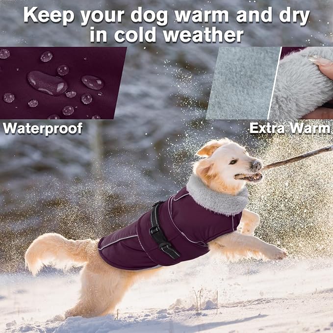 Lelepet Warm Dog Coat Waterproof Dog Jacket for Large Dogs Reflective Fleece Vest with Adjustable Buckle Hook & Loop Windproof Cold Weather Coats for Small Medium Large Dogs, Dark Purple, XXL