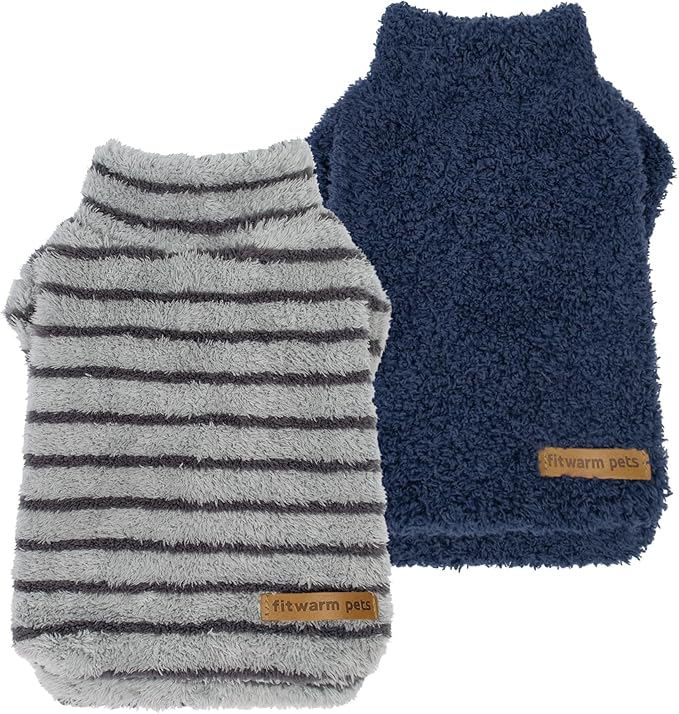 Fitwarm 2 Pack Striped Fleece Dog Sweater, Warm Winter Dog Clothes for Small Dogs Boy Girl, Fuzzy Pet Outfit, Doggy Pullover Jumper, Grey, Navy, Medium