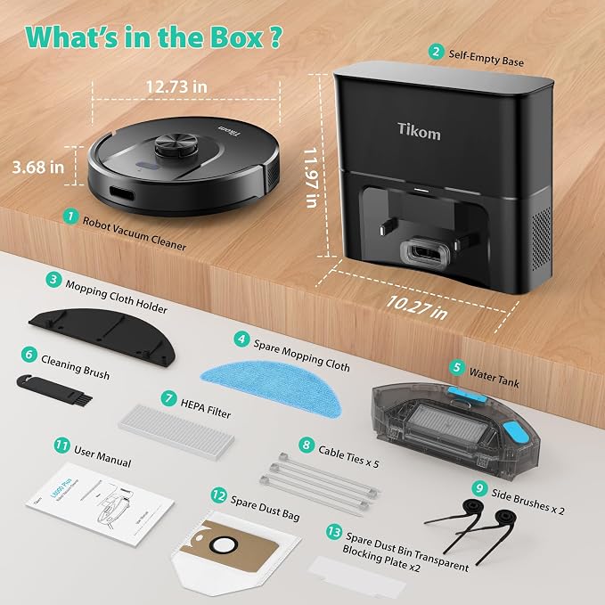 Tikom Robot Vacuum and Mop, Robotic Vacuum Cleaner with Self-Emptying Base | 6000Pa, 90 Days Capacity, LiDAR Navigation, Home Mapping, Ideal for Pet Hair, Hard Floors, Carpet (L8000 Plus)