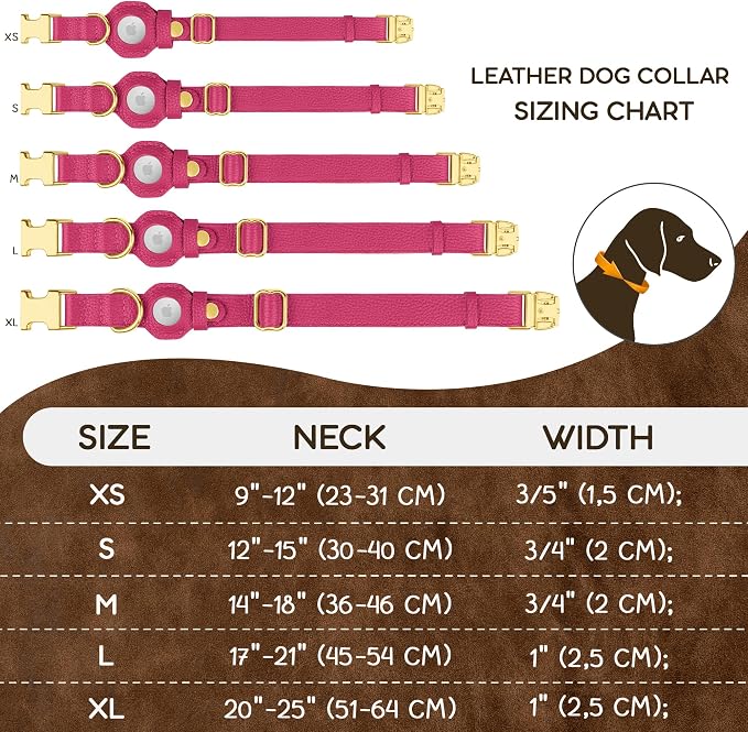 Leather Airtag Dog Collar - Soft Tracking Dog Collar with Apple AirTag Holder and Metal Buckle - Safety GPS Pet Collars for Small Medium Large Dogs Puppy Pink Red (Pink, XL, 20"-25" Neck Fit)