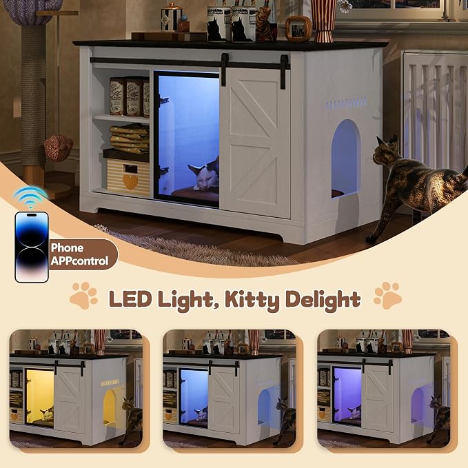Cat Bed Cave Large Litter Box Enclosure with LED Light, Hidden Cat HOU,A2