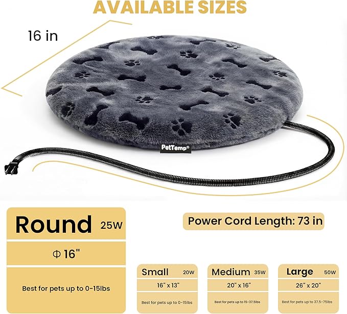 PetTemp Pet Heating Pad for Cats Dogs Indoor & Sheltered Outdoor Waterproof Heated Cat Bed Heated Dog Bed Chew Resistant Cord Constant Temperature Gray Paw Print Round 16 Inch