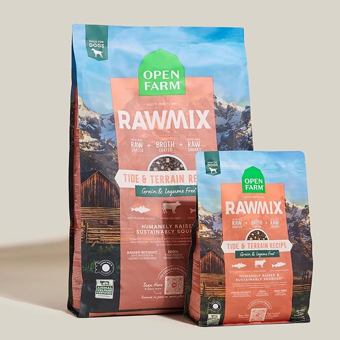 Open Farm, RawMix Grain-Free Dry Dog Food, Protein-Packed Kibble Coated in Bone Broth with Freeze Dried Raw Chunks, Pollock Beef & Salmon, Tide & Terrain Recipe, 3.5lb Bag