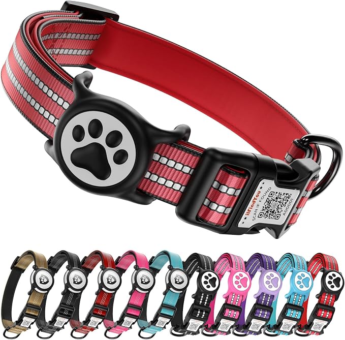 Waterproof AirTag Dog Collar with QR Code Dog Tag, Red L | IP68 waterproof, QR code dog tag, Anti-Lost, Online profile, fits XS-L (8"-26"), Padded nylon, Reflective, No App, No Fees