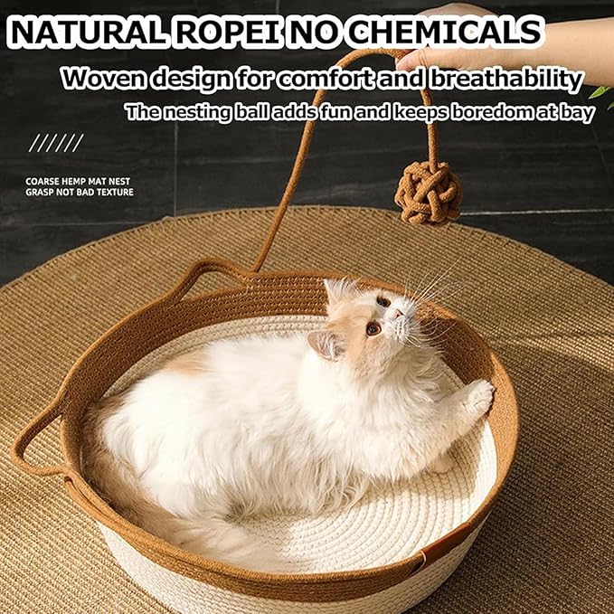 FHKPET Instinct Basket, Stimulicat Cat Bed, Stimulicat Cat Bed Rope Cotton with Cushion, Eliminates Bed Rejection Round Pet Basket, Boho Catbed for Cats Handwoven Scratchable Breathable Weave (Small)