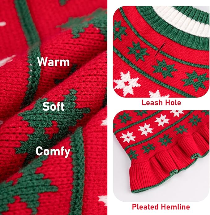 KYEESE Dog Christmas Sweater Warm Dog Sweater for Small Dogs with Leash Hole Knit Dogs Clothes Pet Coats Turtleneck Pet Sweater Dress with Snowflake Pattern, Red, Small