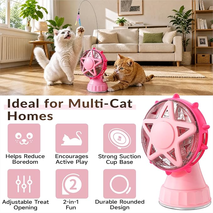 HCY&WLD 2-in-1 Cat Toys Food Dispenser & Teaser Interactive Toys (Pink) | Multi-Play Puzzle Toy For Indoor Cats, Kitten Slow Feeder, Adjustable Treat Dispensing, Mental Stimulation, Boredom Buster