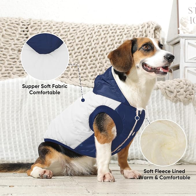 Fleece Lining Extra Warm Dog Hoodie in Winter,Small Dog Jacket Puppy Coats with Hooded,Beige and Blue XS