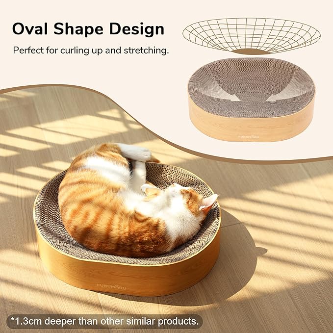 FUKUMARU Cat Scratcher Cardboard Lounge Bed, 2-in-1 Cat Scratch Pad, Oval Cats Scratching Board Indoor, Durable Modern Kitty Scratcher Bowl, Cats Scratch Furniture Protector, Wood Color