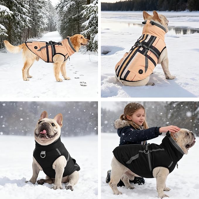 Mihachi Small Dog Coat with Harness Built in, Warm Dog Winter Coat with Pockets for Dogs, Waterproof Reflective Fleece Vest with Zipper, Pet Windproof Warm Cold Weather Jacket Snowsuit Outfit, Beige S