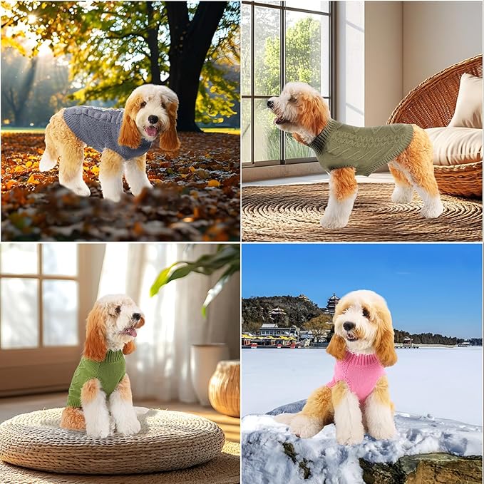 TONY HOBY Small Dog Sweaters Knitted Warm Dog Sweatshirt, Doggy Winter Coat Puppy Cold Weather Pullover Classic Knitwear Doggie Sweater, Thick Warm Winter Pet Clothes (XL, Grey Green)