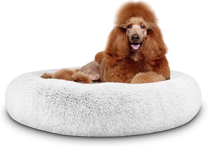 The Dog’s Bed Sound Sleep Donut Dog Bed, XL Silver Grey Fur Calming Nest Bed Removable Cover, Veterinary Approved
