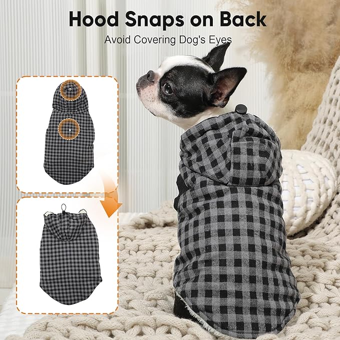 Fleece Lining Dog Hoodie for Large Dogs Extra Warm Plaid Sweater with Drawstring Hooded Coats in Winter Doggie Jacket,Black XXXL