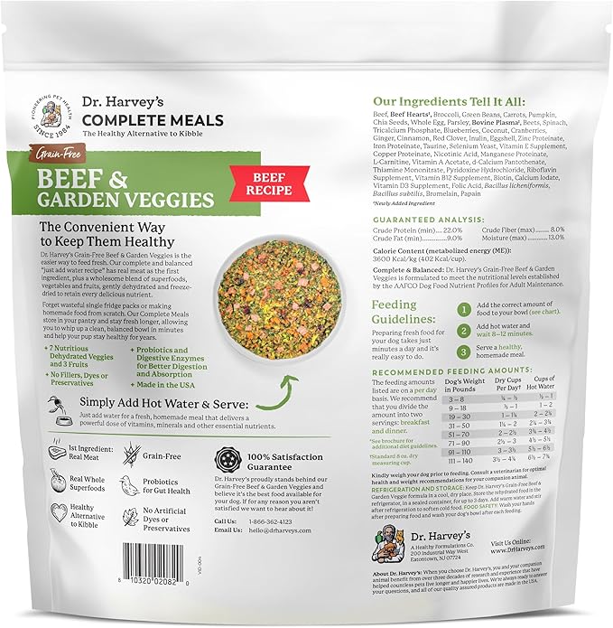 Dr. Harvey's Beef & Garden Veggies Dog Food, Human Grade Grain-Free Dehydrated Food for Dogs with Freeze-Dried Beef (5 Pounds)