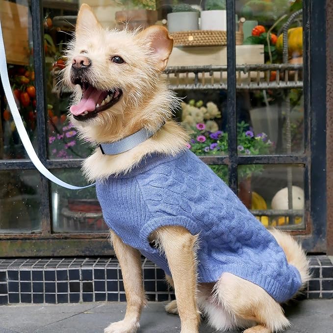 Blueberry Pet Classic Fuzzy Textured Knit Pullover Crew-Neck Dog Sweater in Heather Blue, Back Length 18", Pack of 1 Clothes for Dogs