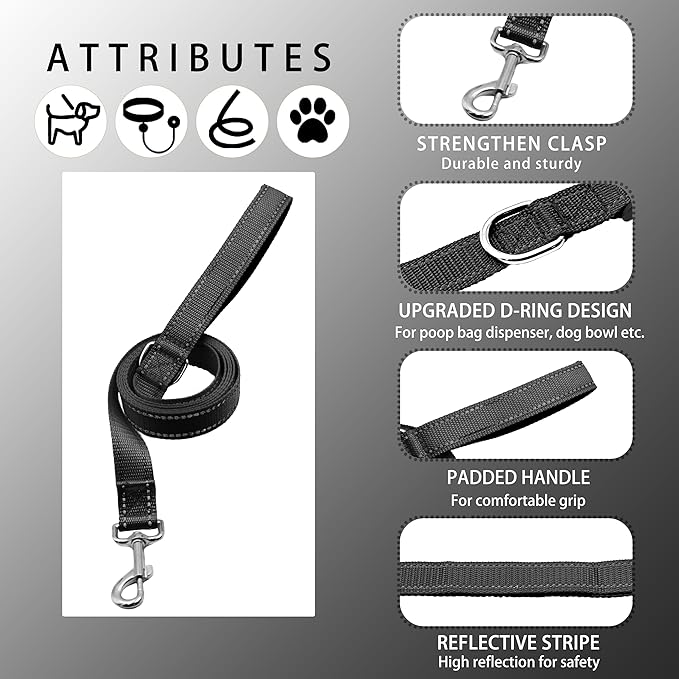 Reflective Dog Collar with Safety Locking Buckle, Adjustable Soft Breathable Nylon Collars for Small, Medium and Large Dogs(Collar+Leash L Black)