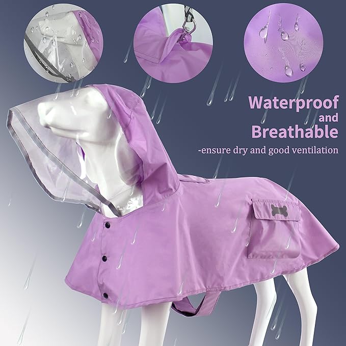 Waterproof Dog Raincoat, Adjustable Reflective Lightweight Pet Rain Clothes with Poncho Hood(XX-Large, Light Purple)