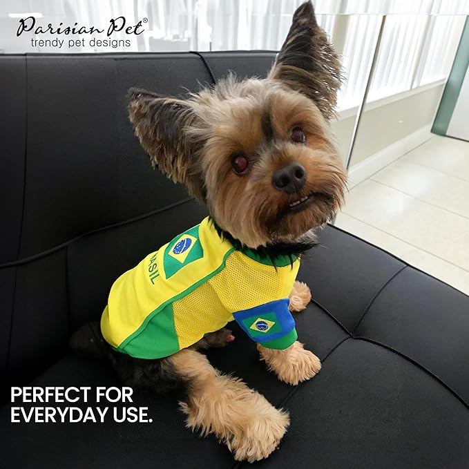 Parisian Pet Dog Jersey – Embroidered Brasil Mesh Fabric Soccer & Sportswear – Lightweight Football Olympic Pet Clothes for Small Dogs - XS