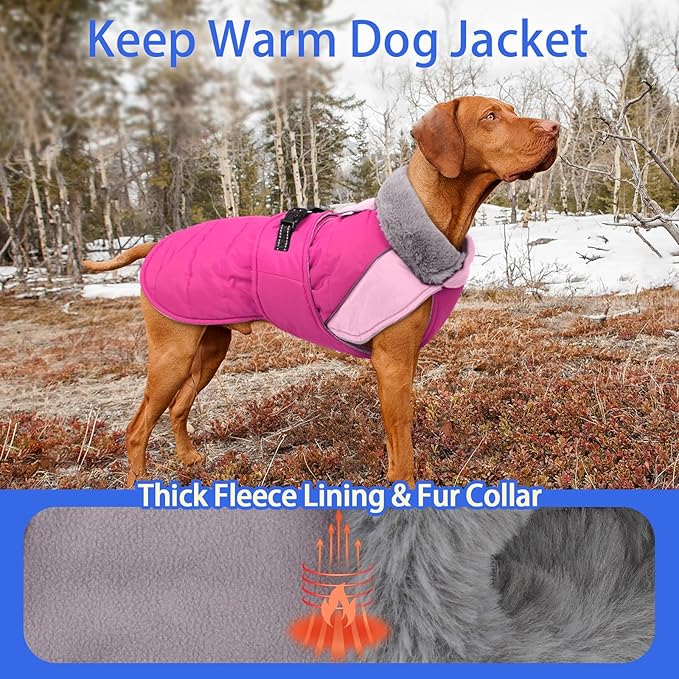 MIGOHI Warm Dog Jacket - Waterproof Small Dog Coat with Furry Collar, Windproof Dogs Fleece Vest, Reflective Cold Weather Coats for Small Dogs, Adjustable Buckle,Poodle,S,Rosepink