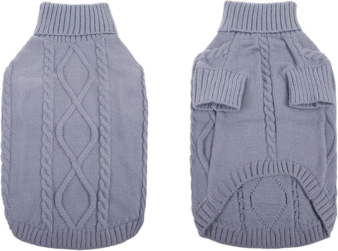 Queenmore Small Dog Pullover Sweater, Cold Weather Cable Knitwear, Classic Turtleneck Thick Warm Clothes for Chihuahua, Bulldog, Dachshund, Pug, Yorkie (Grey, Small)