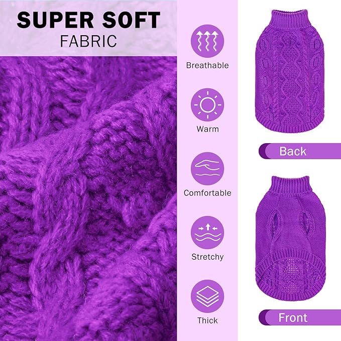 SCENEREAL Knitted Dog Sweater for Small Medium Large Dogs, Cat Dog Winter Coat Warm Sweartershirts Outfits, Classic Pet Clothes with Leash Hole, Soft Pet Knitwear Apparel for Girls Boys, Purple SM
